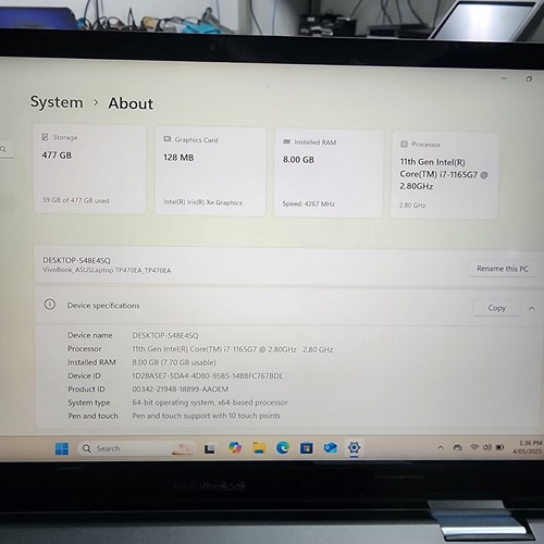 Asus VivoBook Flip 14 TP470EA i7-1165G7 8GB RAM 512GB SSD 14" FHD Touch WIN11 H - Picture 5 of 5