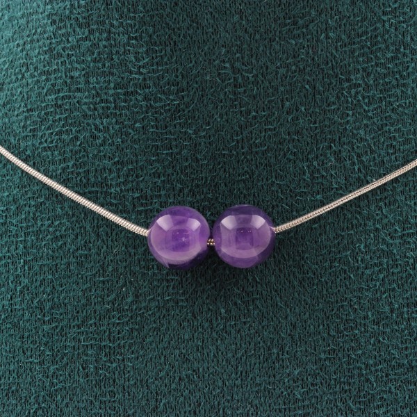 Halskette 2 Perlen Amethyst 8 Mm. Kette Aus Edelstahl Halskette Damen, Hom-image
