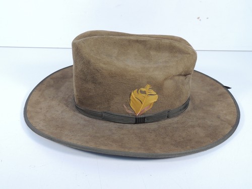 Bailey U-Rollit "The Roughout" Suede Hat Feather Band 7 3/8 Brown Green Trim