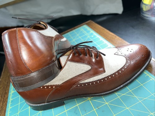 Johnston & Murphy👞Sz 9.5D Men Brown/Cream Lthr/Canvas Two-Tone Wingtip Brogue - Picture 7 of 24