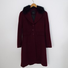 Feraud Womens Burgundy Wool Blend Coat Black Faux Fur Collar Uk Size 14