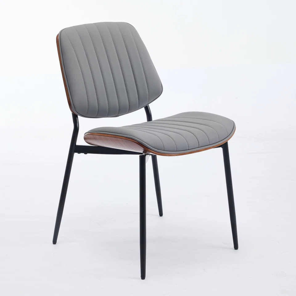 Juego de 2 sillas de comedor de cocina gris imitación cuero nogal madera curvada respaldo patas de metal Foto 3 de 4