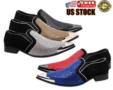 New Men Metal Toe Dress Shoes Rhinestone Diamond Loafers Slip On ClassicCrisiano