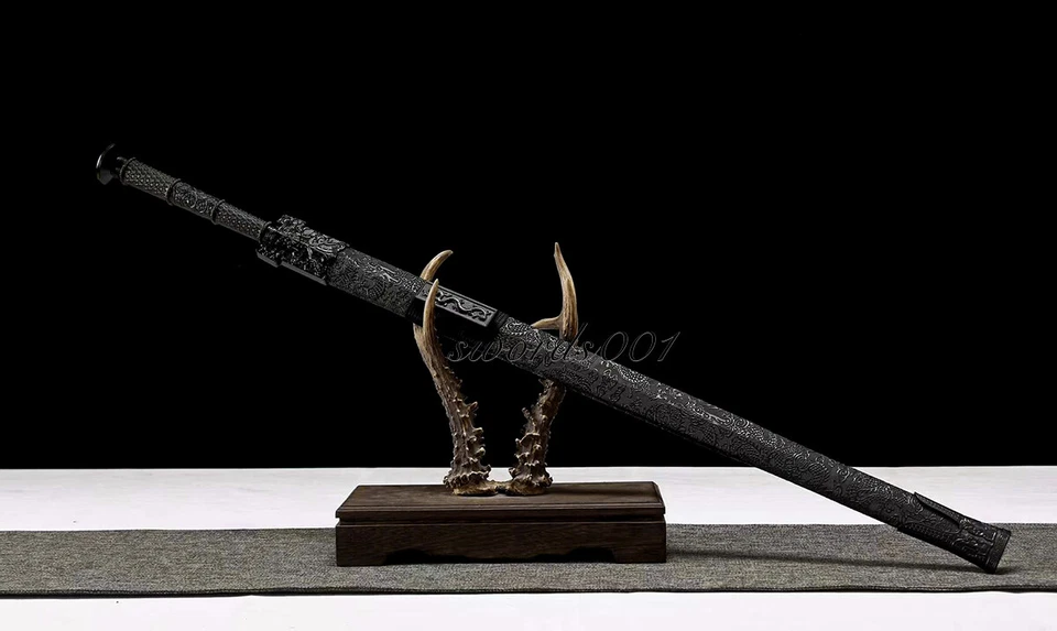 41'' All Black Chinese Jian Double Edged Dragon Sword 1095 Carbon Steel Blade - Image 2 of 4