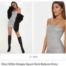 Silver Glitter Strappy Square Neck Bodycon Sexy Party Dress PLT  sz 12 Xmas