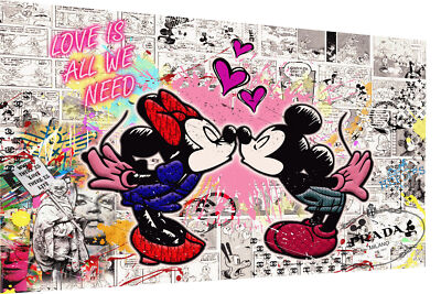 Tableau Toile Pop Art Minnie Et Mickey "Love" - Déco Murale Moderne - Avec Cadre - Fait En Allemagne
