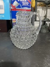 Hobnail Art Clear Glass Heavy 9"  Serving Pitcher Ribbed Applied Handle Classic