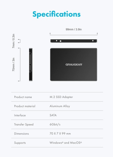 GRAUGEAR Aluminium M.2-SATA SSD Konverter, für B-Key M.2 NGFF zu 2,5” SATA, 2,5“ - 第 2/9 張圖片