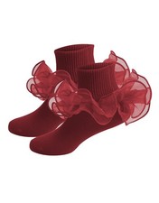 PLZSITDOWN Girls Ruffle Socks Lace Frilly Cotton Turn 8-10 Years, Wine Red
