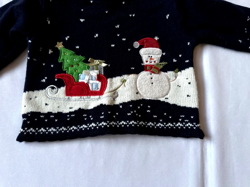 BT Niños Vintage 2T 24 Meses Navidad Suéter Muñeco de Nieve Trineo Árbol Regalos Azul Foto 2 de 4