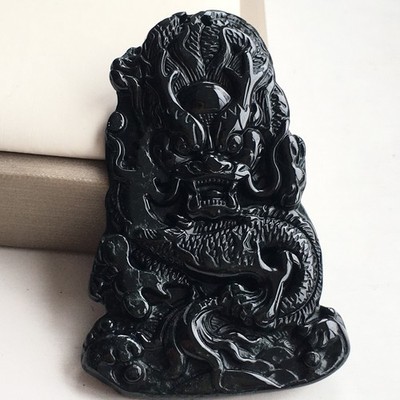 Certified Natural Grade A Jadeite Carved dragon Lucky black jade Pendant 龙 2237