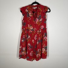 LOFT Women XS Red Floral Pockets Flutter Sleeves Smocked Tie Neck Swing Dress