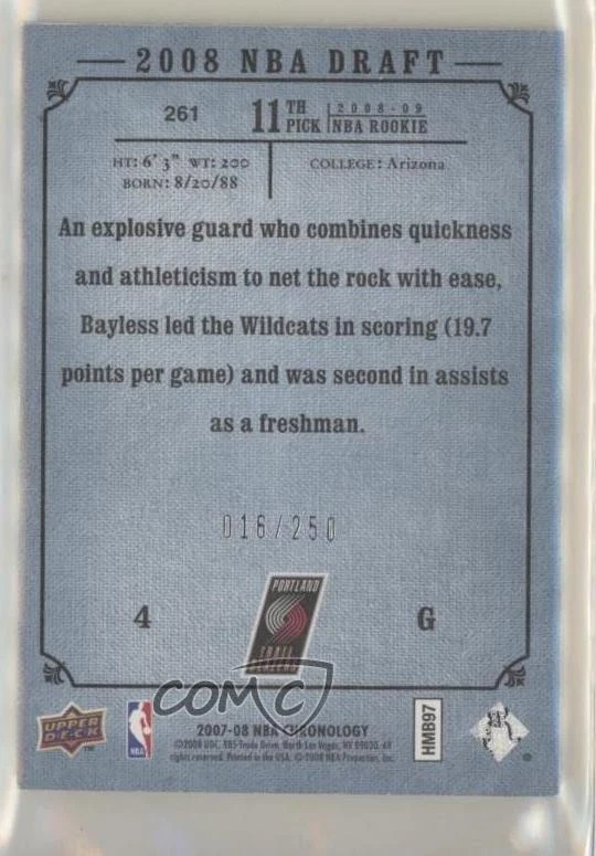 2007-08 Upper Deck Chronology 2008 NBA Draft /250 Jerryd Bayless #261 - Image 2 of 2