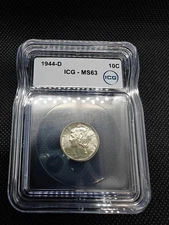 Blast White 1944-D Mercury Silver Dime MS63 10c ICG Graded US Mint Silver Coin