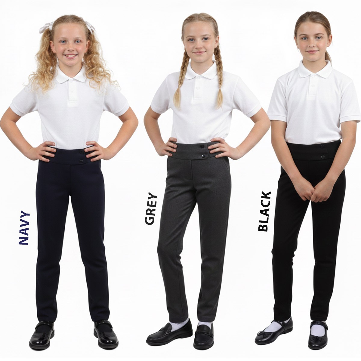 Girls School Trousers Pull Up Kids Elasticated Waist Uniform Plain Pants Bottoms Girls School Trousers Pull Up Kids Elasticated Waist Uniform Plain Pants Bottoms