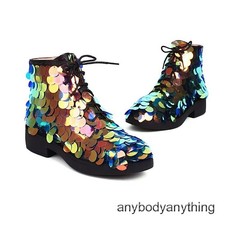 Womens Chic Glitter Sequin Lace Up Zipper Combat Boots Show Stage Shoes SUN