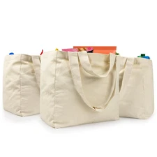 Reusable Canvas Grocery Bags with Dual Handles, 3pc XL Set, Inner Pockets, Wa...