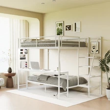 Modern Metal Bunk Bed Full Size White Bed Frame w/LED light and Charging Socket