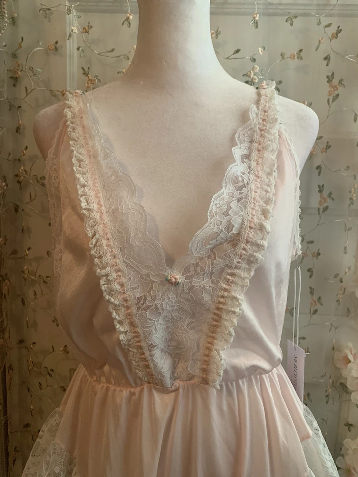 Винтажное белье плюшевый комбинезон оборки кружева розовый белый Sz M/L - Изображение 2 из 4