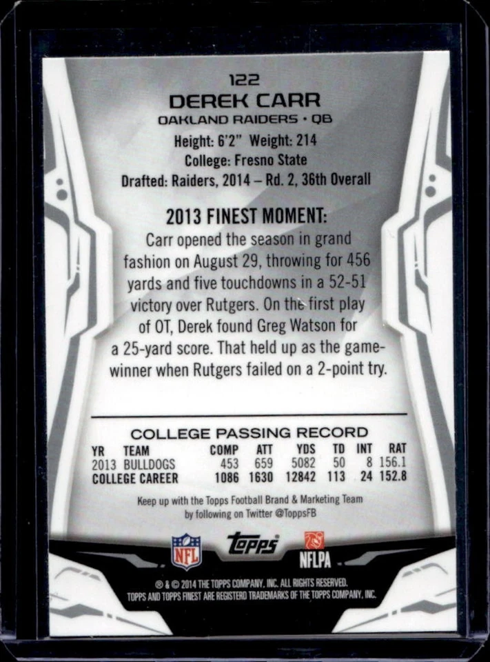 2014 Finest Derek Carr RC Rookie #122 Raiders - Image 2 of 2