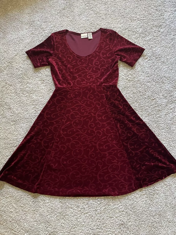 Vestido Floral De Colección Hillard & Hanson Para Mujer Rojo Terciopelo Manga Corta Talla Pequeña Y2K Foto 2 de 4