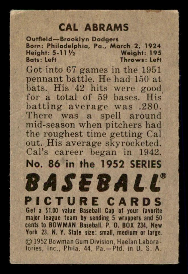 1952 Bowman #86 Cal Abrams - Image 2 of 2