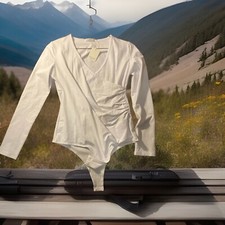 Bodysuit Mango pop Womens XL White Gathered Wrap Slimming Bodysuit Shirt