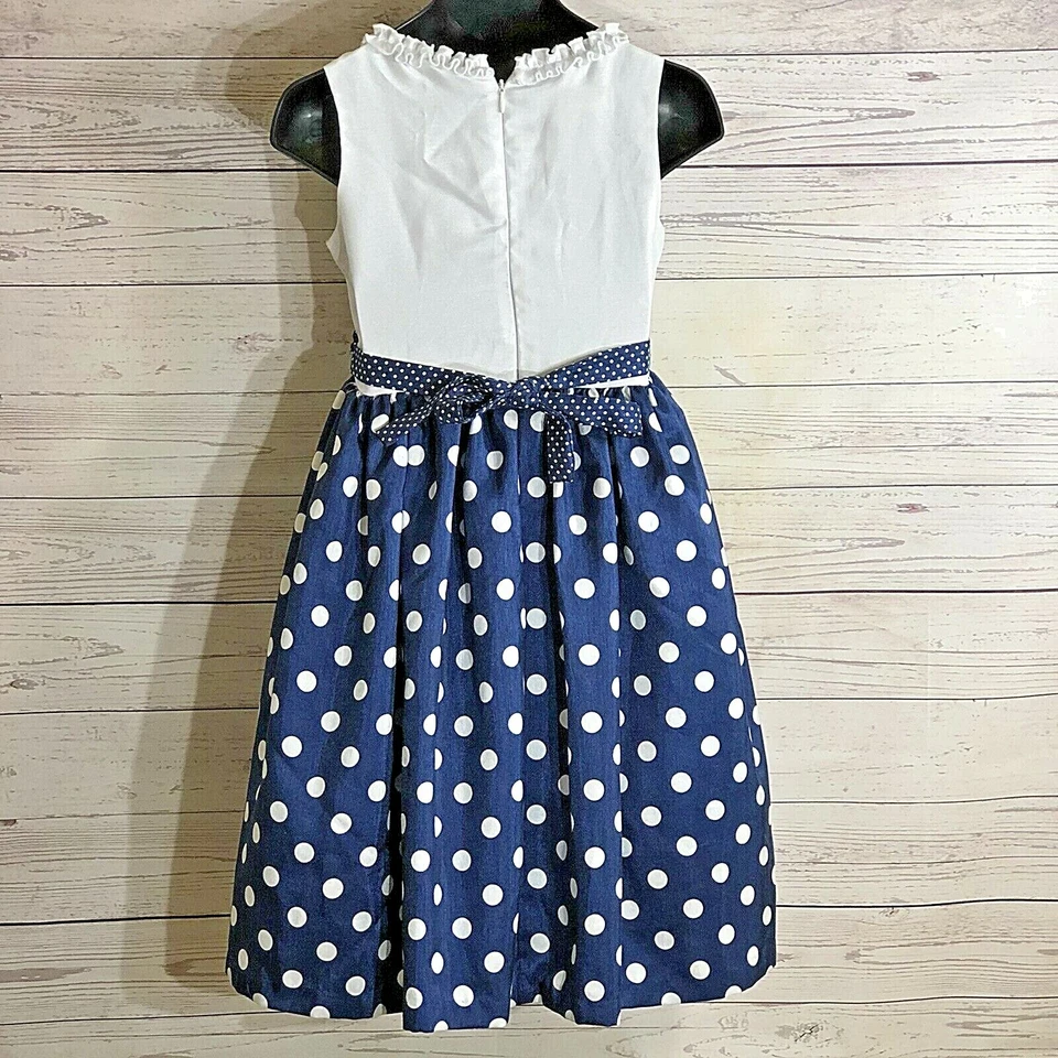 Vestido Princesa Americana Niñas Talla 8 Blanco Cuello Volantes y Falda Azul Lunares  Foto 3 de 4