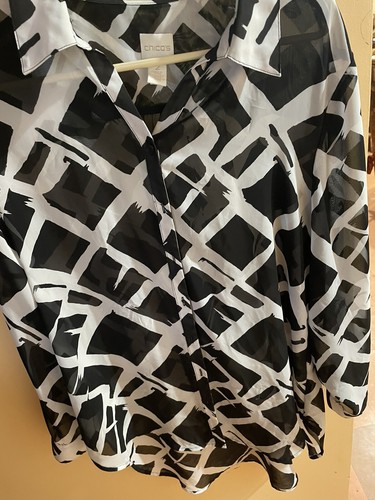 Chico's Size 2 Blouse Womens Blk/Wht Button Long Sleeve See Through Ref JC #111 - Picture 3 of 5