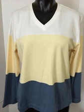 Jantzen Women Size PM Blue Yellow White Striped V Neck Long Sleeve Sweater Shirt