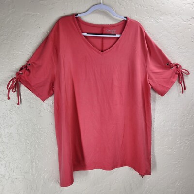 Terra & Sky Women s 1X Pink Scoop Neck Tee Tie Sleeve Top