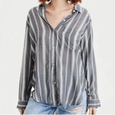 American Eagle Grey White Striped Button Down Oversized M