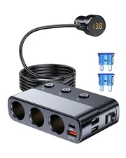 Multi-Port Car Charger Lighter Splitter with USB and Type-C LED Voltmeter