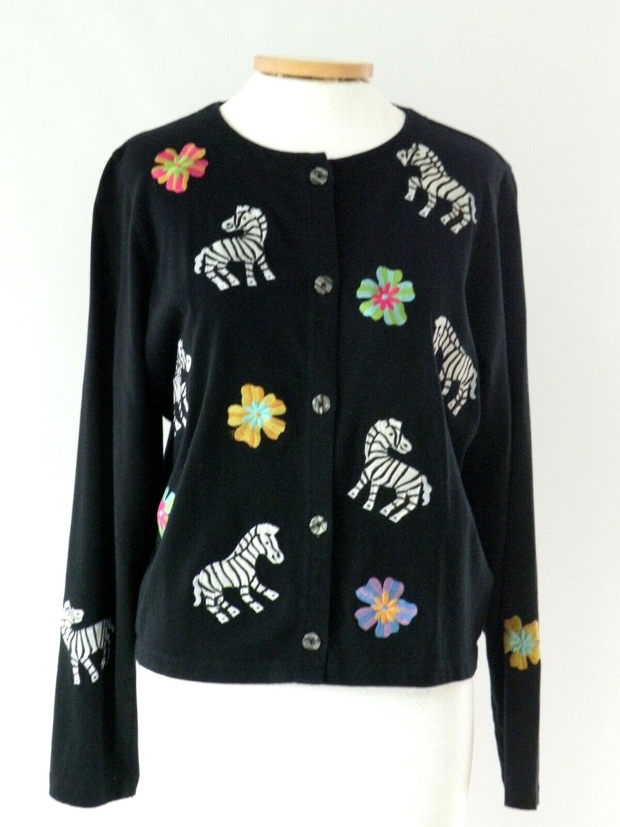 EMMA TRICOT Button Front Embroidered ZEBRAs Black CARDIGAN
