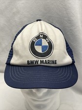 Vtg 80s BMW Marine Trucker Hat Cap Blue White Logo Snap Adjustable Made In USA