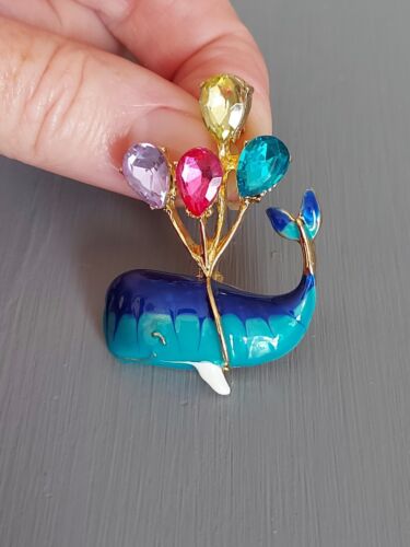 Enamel Blue Whale Brooch with Colourful Rhinestone Balloons - Picture 1 of 6