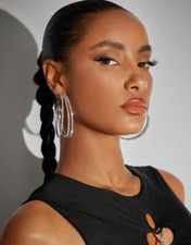 CRYSTAL HOOP EARRINGS SILVERTONE PIERCED 2.5"