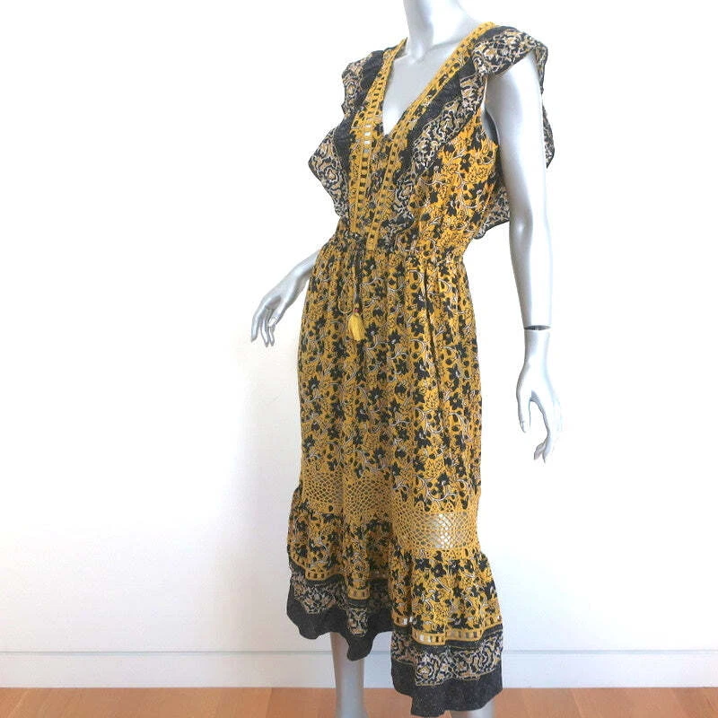 SEA Ruffled Midi Dress Yellow Crochet-Trim Floral Print Silk Size 6 Foto 2 de 4