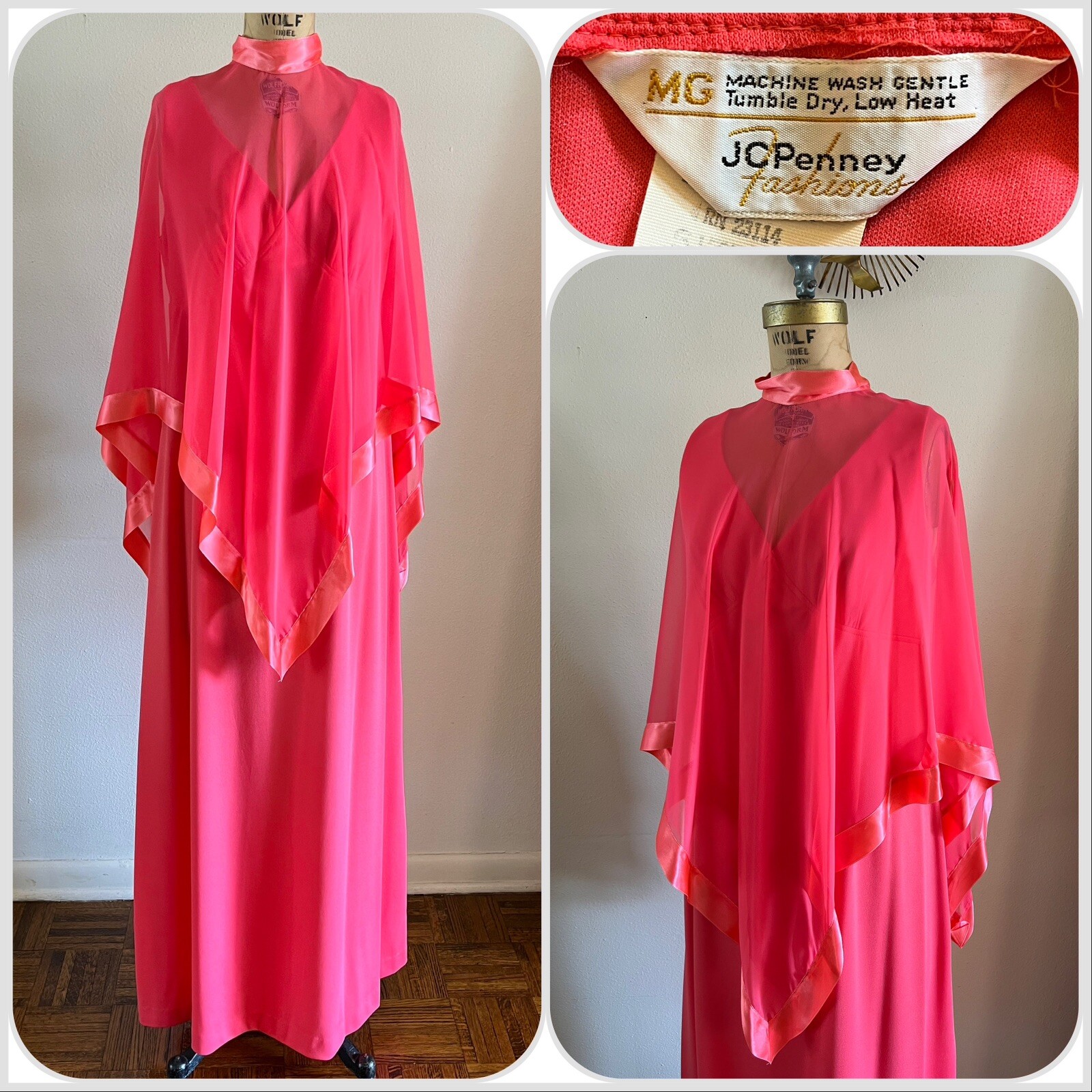 1970s JC Penney Fashions Maxi Dress w/ Sheer Capelet … Gem