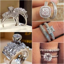 Fashion 2 Pcs/set 925 Silver Plated Ring Cubic Zircon Women Wedding Gift Sz 6-10