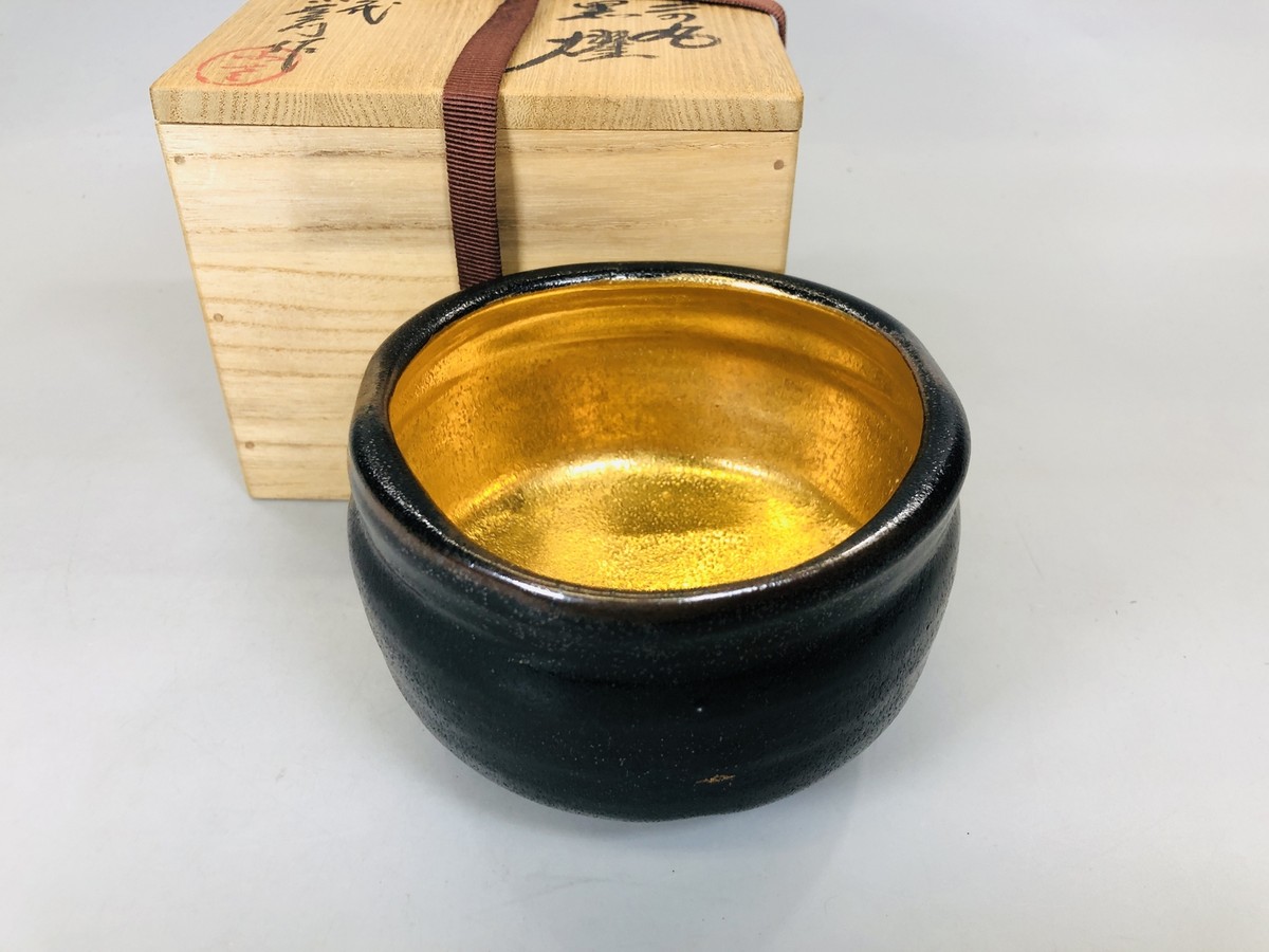 Y5541 CHAWAN Seto-ware black signed box Japan antique tea ceremony
