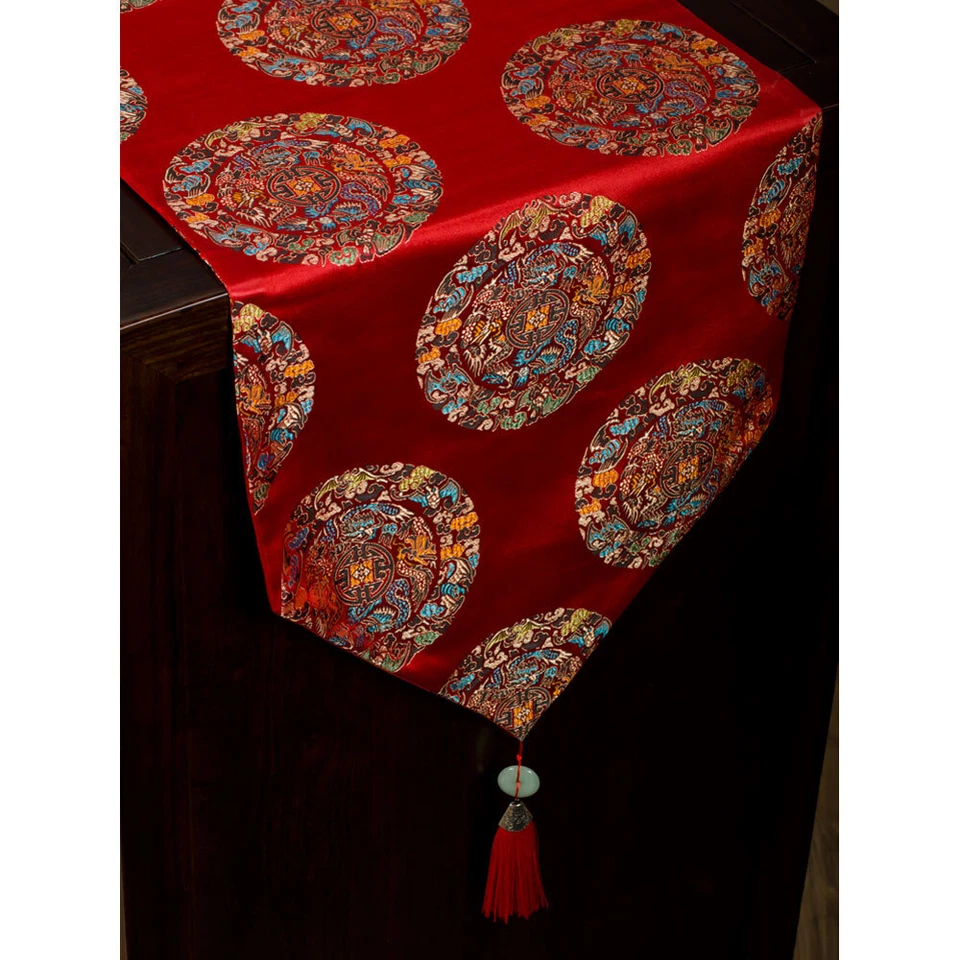 US SELLER - 80 Inch Red Silk Chinese Imperial Dragon Table Runner - Image 3 of 3