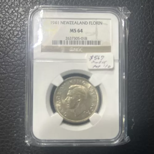 1941 NEW ZEALAND SILVER FLORIN NGC MS64 PQ MAC FINEST GRADE & SPOTLESS *