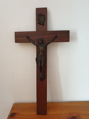 Large antique crucifix Christ in rule on dark wood 25x50 cm