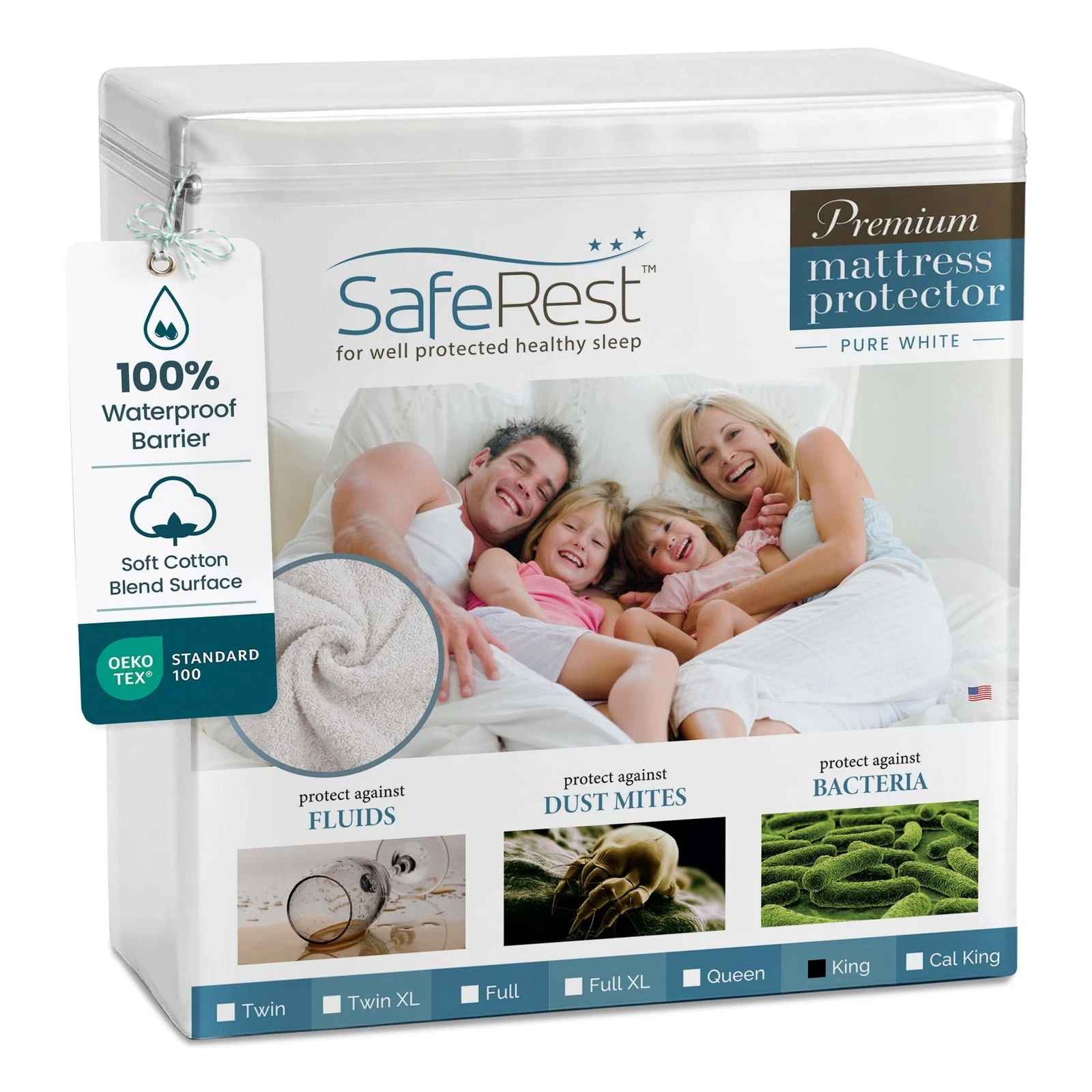 SafeRest Waterproof King Size Mattress Protector - Fitted King, Pure White