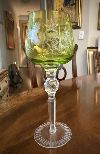 Vintage Hortensia Poland Light Green Cut to Clear Crystal Wine Glass 8.5” Tall - Picture 2 of 6