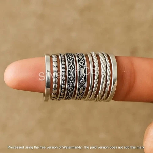 Silver Ring Set – Handmade Boho Stacking Bands, Vintage Oxidized Sterli All Size