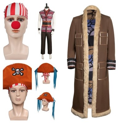 TV  One Piece The Clown Buggy Cosplay costume Striped outfits+Plush Jacket+Hat