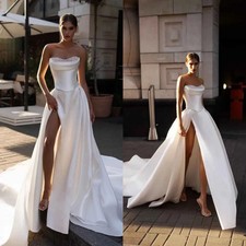 Simple A Line Wedding Dresses Pearls Sleeveles Strapless Bride Dress High Splits