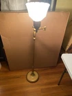 Vintage Swing Arm Solid Brass Floor Lamp HEAVY Milk Glass Waffle Cone Shade MCM